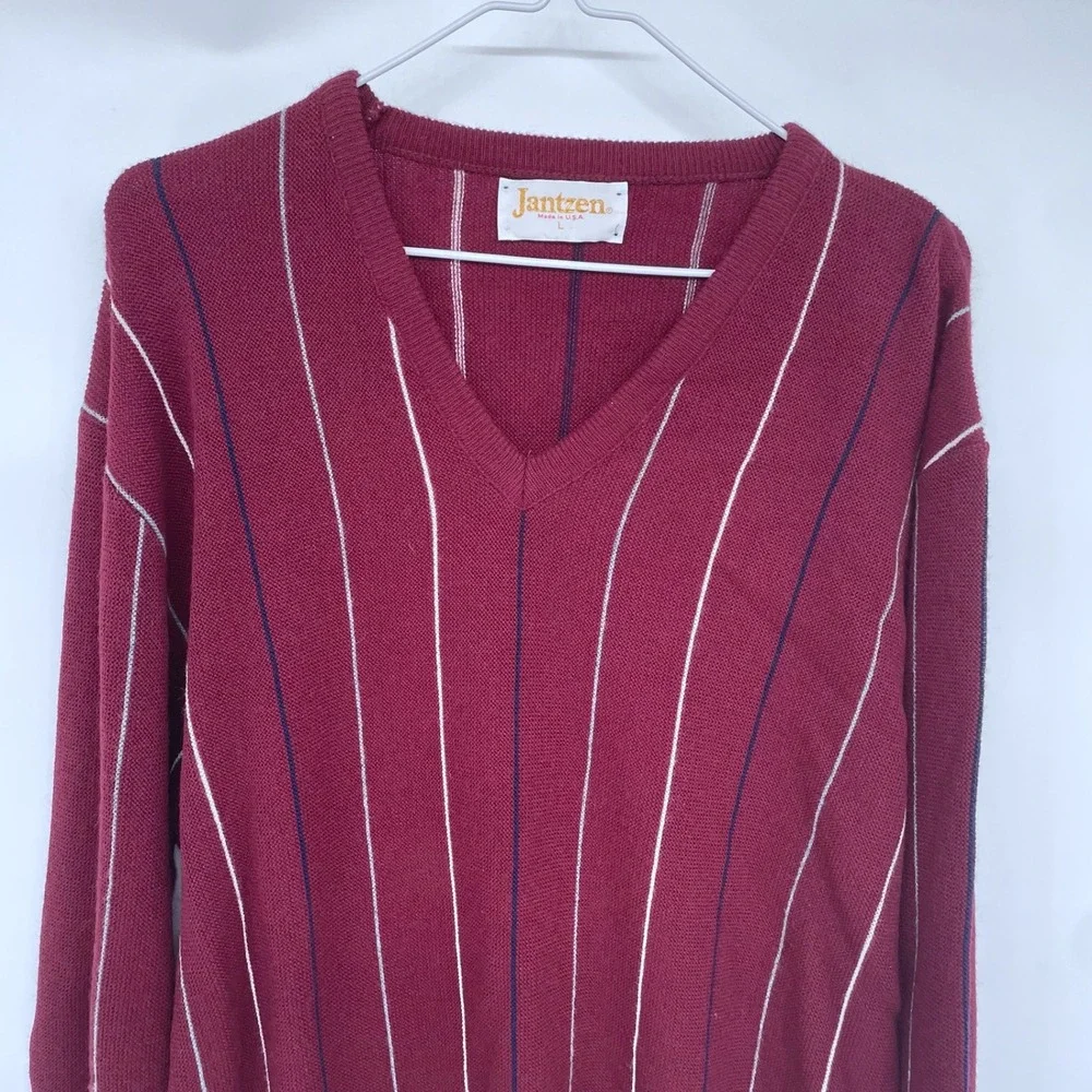 Vintage 90s Jantzen Mens Burgundy Striped V Neck Sweater Large Long Sleeve‎ Vtg